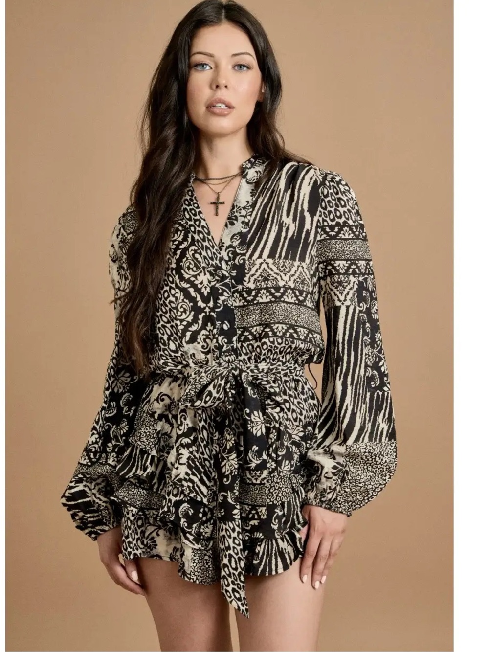 Fall Tie Waist Ruffle Romper